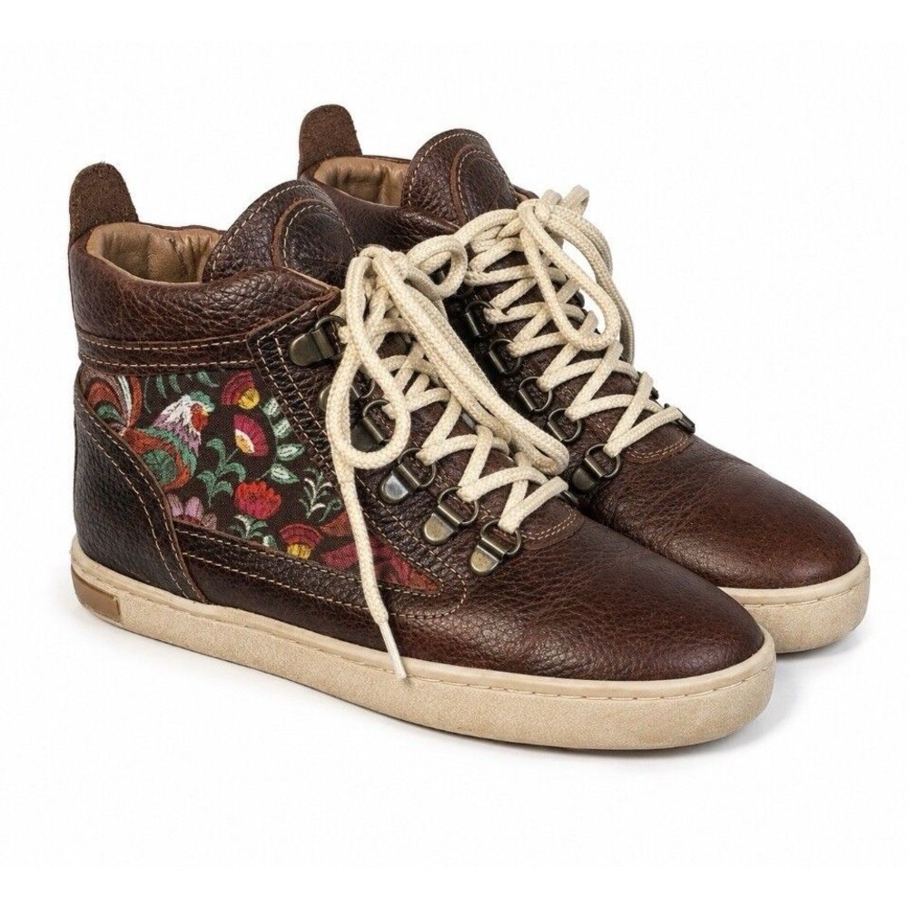 INKKAS Rooster Camping Boots Women 6 Men 4 Brown Leather Floral High Top Mexico